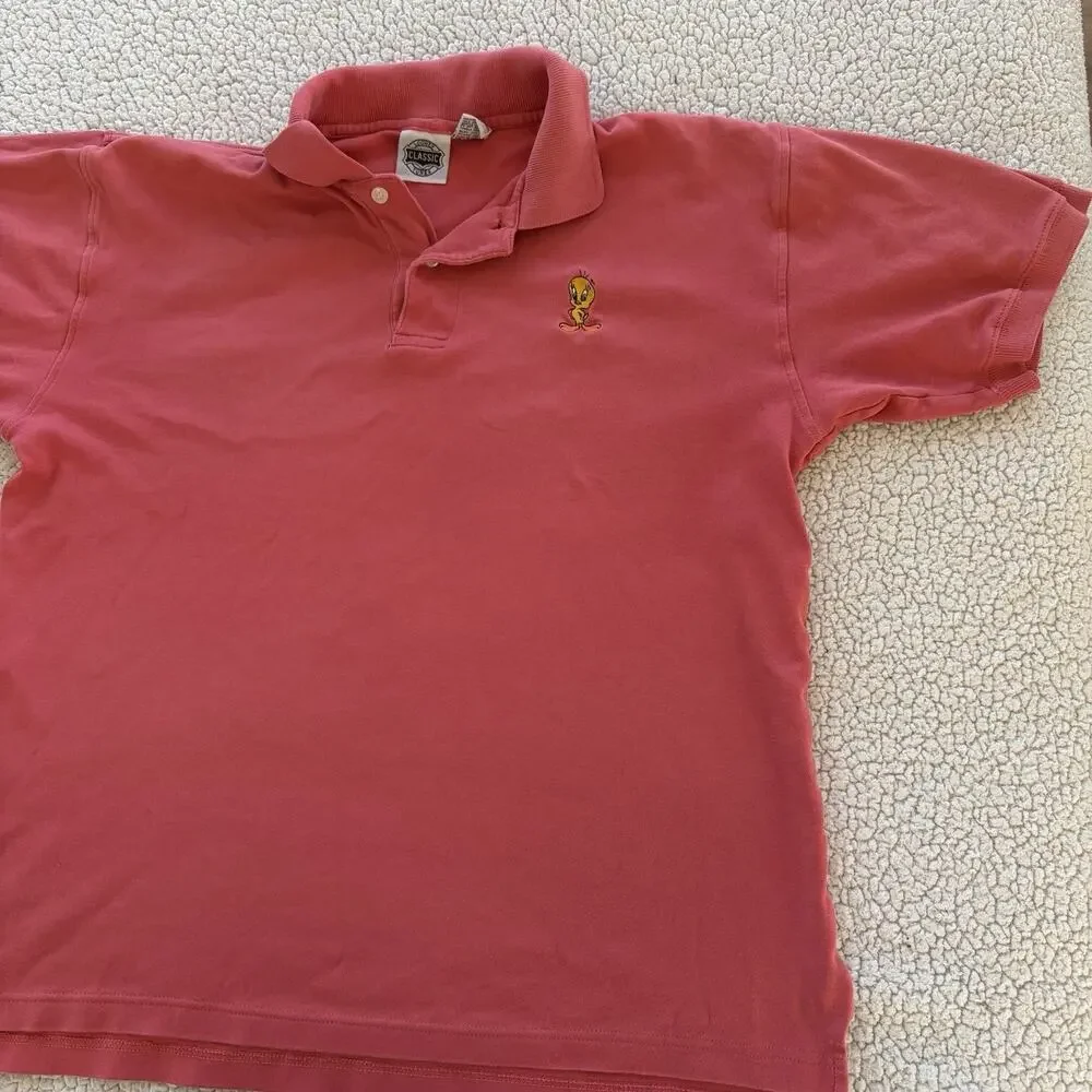 Vintage Looney Tunes Tweety Bird Embroidered Polo Shirt‎ - Medium Red